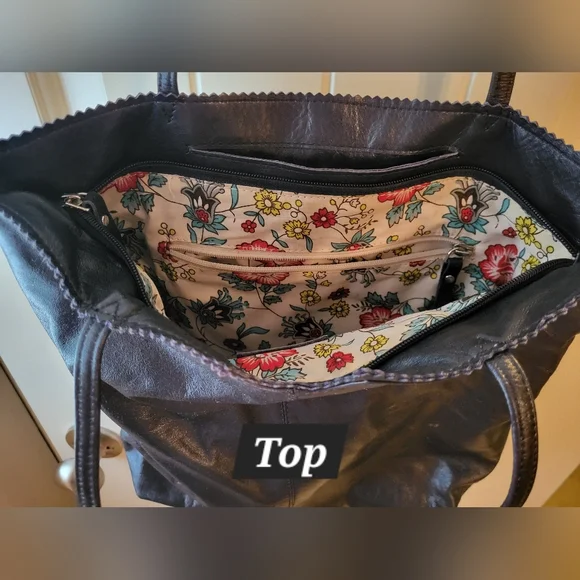 Latico Dark Blue Leather Tote Bag With Floral Lining 13x13 - Picture 4 of 13